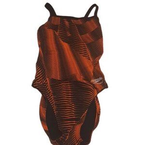 Speedo Endurance Striped Swimsuit Orange Black One Piece Racerback